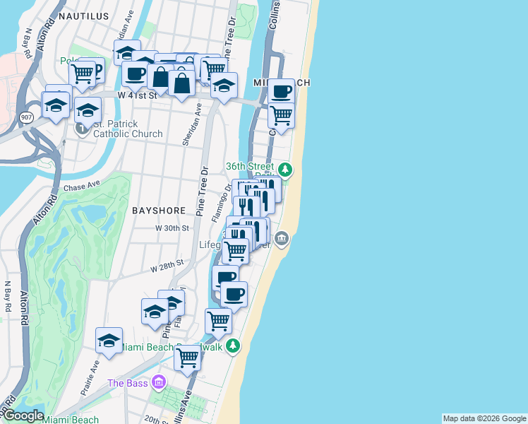 map of restaurants, bars, coffee shops, grocery stores, and more near 3201 Collins Avenue in Miami Beach
