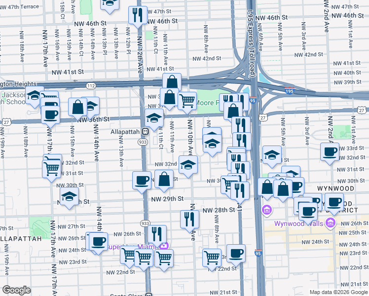 map of restaurants, bars, coffee shops, grocery stores, and more near 1023 Northwest 33rd Street in Miami