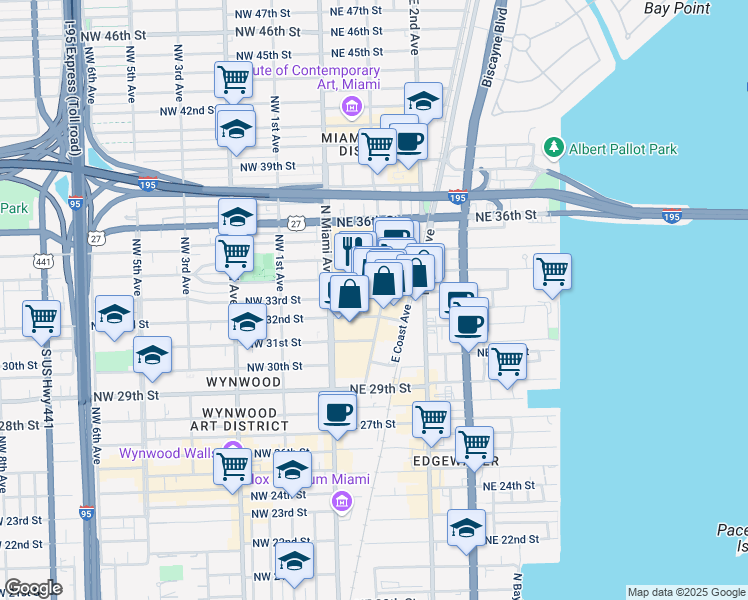 map of restaurants, bars, coffee shops, grocery stores, and more near 3250 NE 1st Ave in Miami