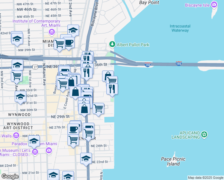 map of restaurants, bars, coffee shops, grocery stores, and more near 619-25 Northeast 32nd Street in Miami