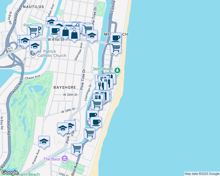 map of restaurants, bars, coffee shops, grocery stores, and more near 3201 Collins Avenue in Miami Beach