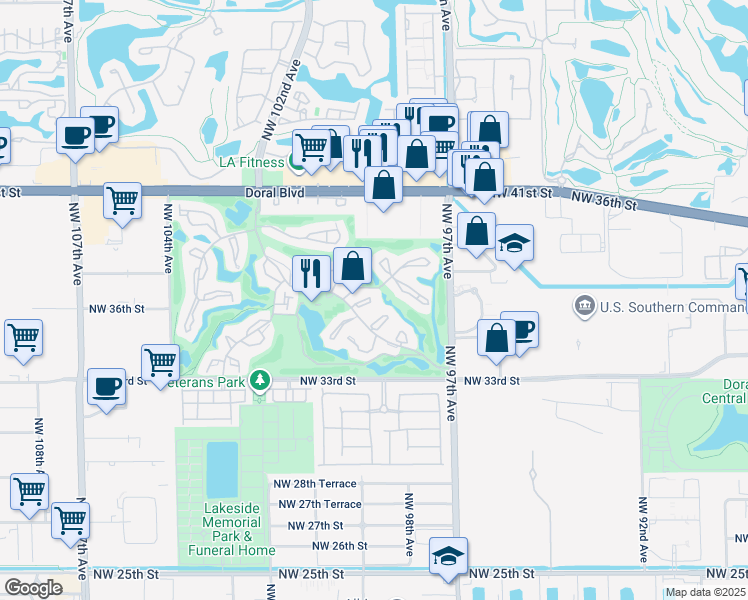 map of restaurants, bars, coffee shops, grocery stores, and more near 9925 Costa Del Sol Boulevard in Doral