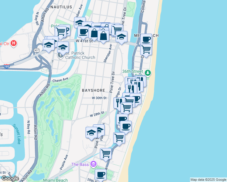 map of restaurants, bars, coffee shops, grocery stores, and more near 3115 Pine Tree Drive in Miami Beach