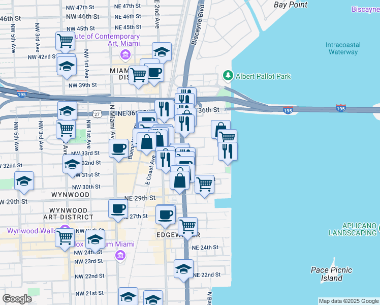 map of restaurants, bars, coffee shops, grocery stores, and more near 345 Northwest 32nd Court in Miami