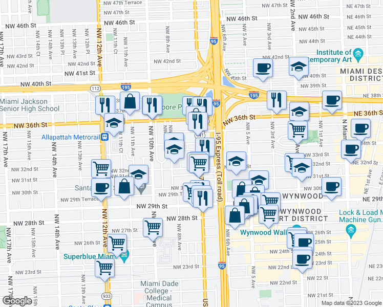 map of restaurants, bars, coffee shops, grocery stores, and more near 3220 Northwest 7th Avenue in Miami