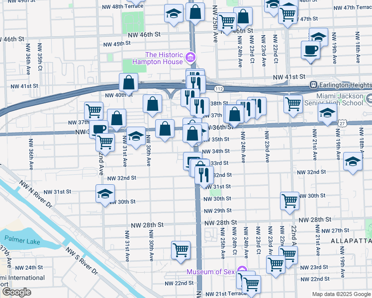 map of restaurants, bars, coffee shops, grocery stores, and more near 2727 Northwest 34th Street in Miami