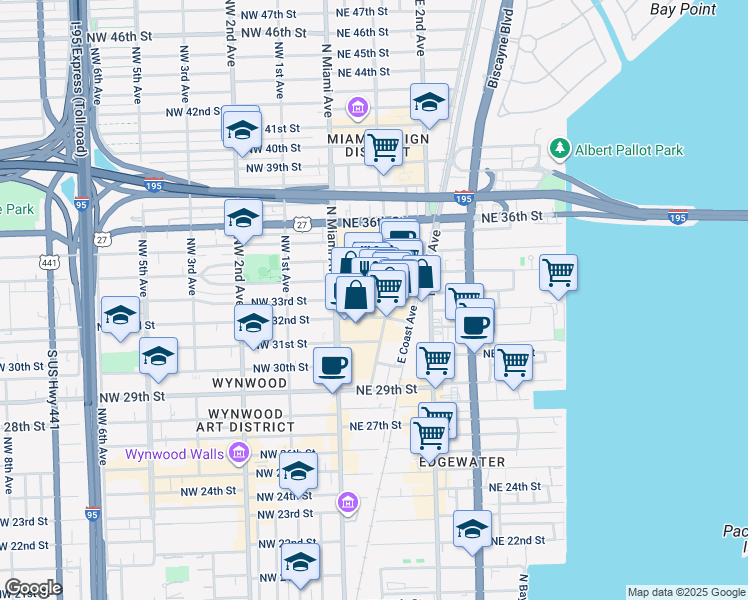 map of restaurants, bars, coffee shops, grocery stores, and more near 3250 Northeast 1st Avenue in Miami