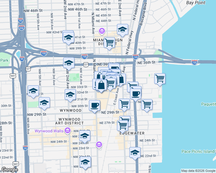 map of restaurants, bars, coffee shops, grocery stores, and more near 3250 Northeast 1st Avenue in Miami