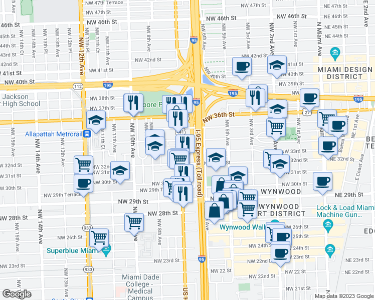 map of restaurants, bars, coffee shops, grocery stores, and more near 3301 Northwest 7th Avenue in Miami