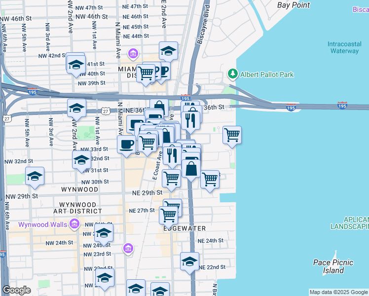 map of restaurants, bars, coffee shops, grocery stores, and more near in Miami