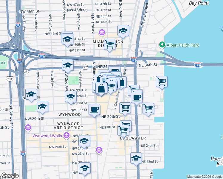 map of restaurants, bars, coffee shops, grocery stores, and more near 3250 Northeast 1st Avenue in Miami