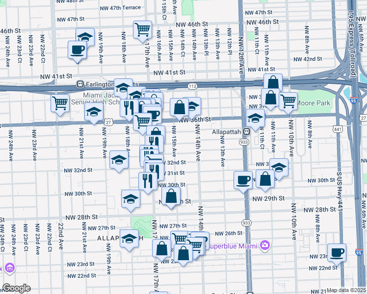 map of restaurants, bars, coffee shops, grocery stores, and more near 1490 Northwest 34th Street in Miami