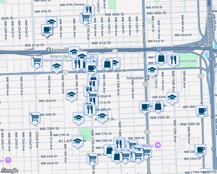 map of restaurants, bars, coffee shops, grocery stores, and more near 1490 Northwest 34th Street in Miami
