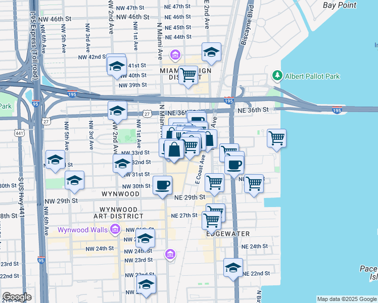 map of restaurants, bars, coffee shops, grocery stores, and more near 3250 Northeast 1st Avenue in Miami
