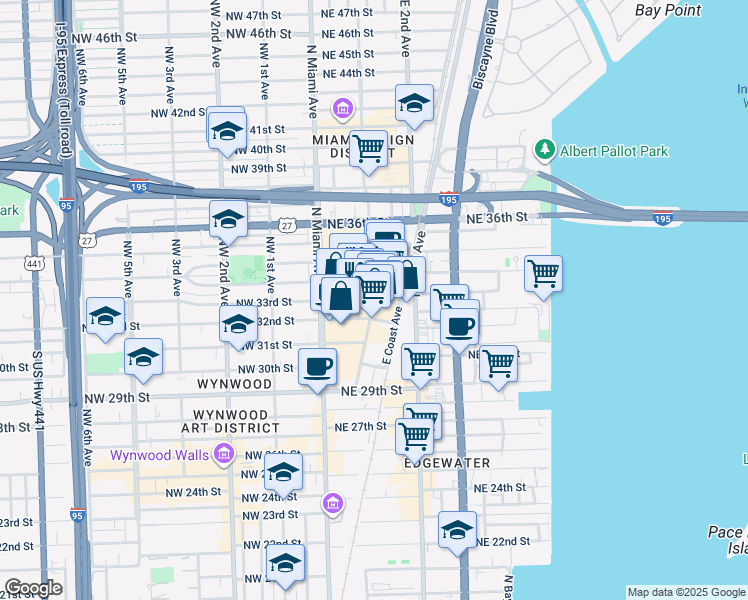 map of restaurants, bars, coffee shops, grocery stores, and more near 3250 Northeast 1st Avenue in Miami