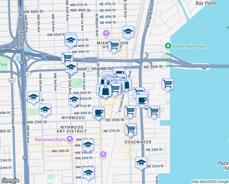 map of restaurants, bars, coffee shops, grocery stores, and more near 3250 Northeast 1st Avenue in Miami