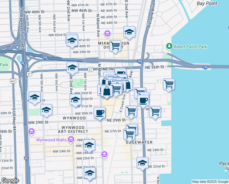 map of restaurants, bars, coffee shops, grocery stores, and more near 3250 Northeast 1st Avenue in Miami