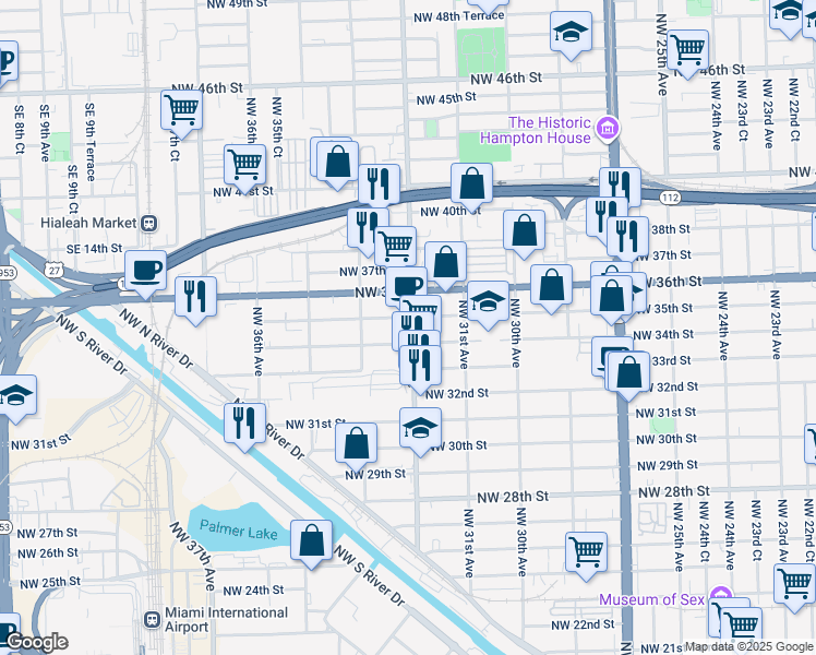 map of restaurants, bars, coffee shops, grocery stores, and more near 3490 Northwest 32nd Avenue in Miami