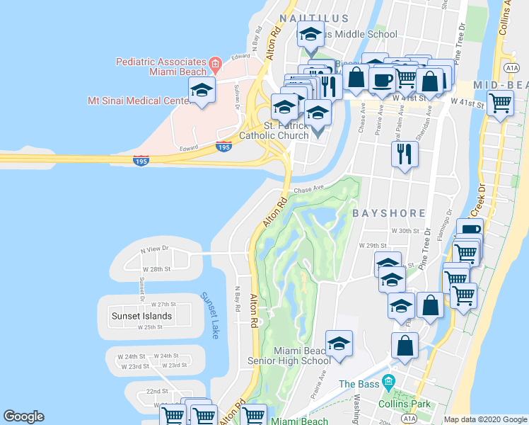 map of restaurants, bars, coffee shops, grocery stores, and more near 3040 Alton Road in Miami Beach