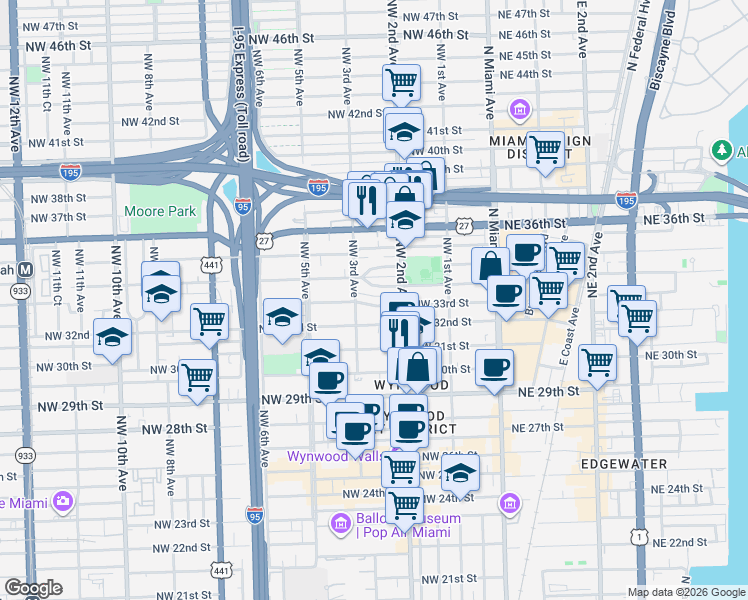 map of restaurants, bars, coffee shops, grocery stores, and more near 259 Northwest 33rd Street in Miami
