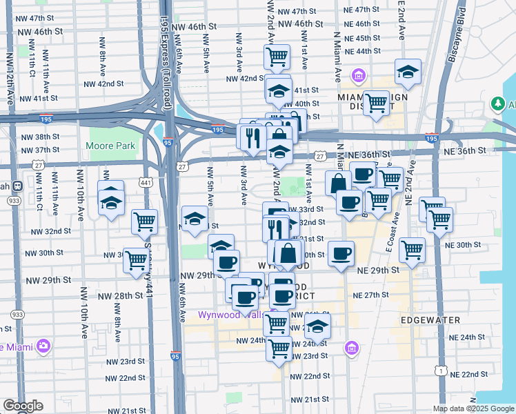 map of restaurants, bars, coffee shops, grocery stores, and more near 259 Northwest 33rd Street in Miami