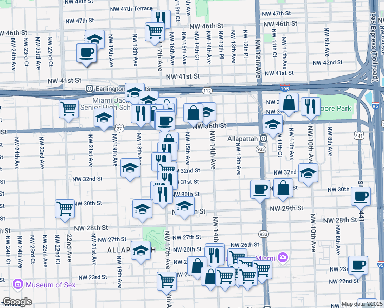 map of restaurants, bars, coffee shops, grocery stores, and more near 1490 Northwest 34th Street in Miami