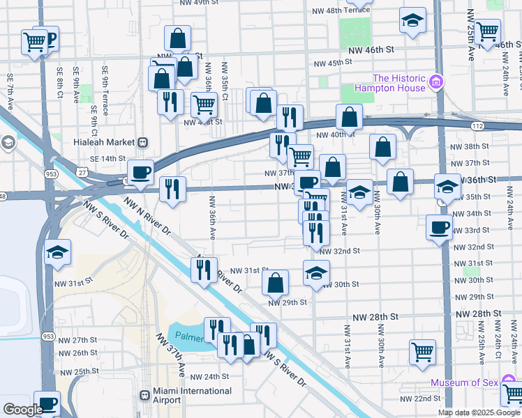 map of restaurants, bars, coffee shops, grocery stores, and more near 3348 Northwest 35th Street in Miami