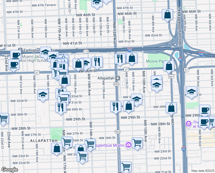 map of restaurants, bars, coffee shops, grocery stores, and more near 1271 Northwest 33rd Street in Miami