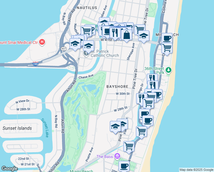 map of restaurants, bars, coffee shops, grocery stores, and more near 3050 Prairie Avenue in Miami Beach