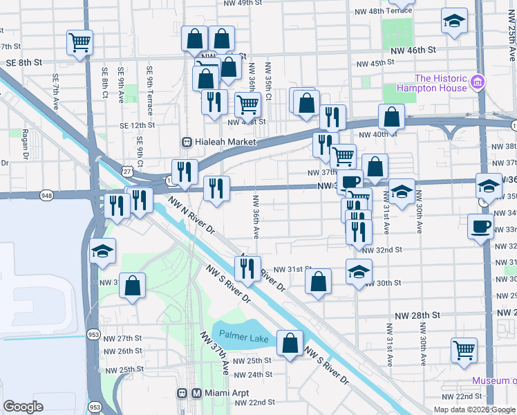 map of restaurants, bars, coffee shops, grocery stores, and more near 3590 NW 35th St in Miami