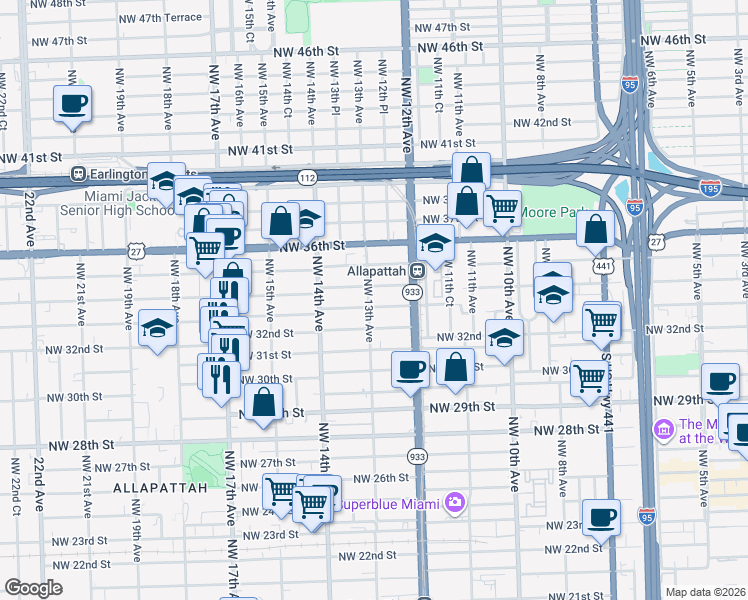 map of restaurants, bars, coffee shops, grocery stores, and more near 1271 Northwest 33rd Street in Miami