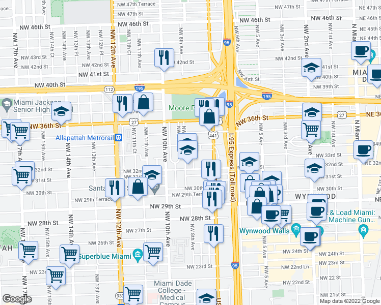 map of restaurants, bars, coffee shops, grocery stores, and more near 3300 Northwest 7th Place in Miami