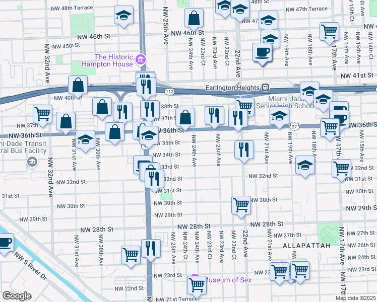 map of restaurants, bars, coffee shops, grocery stores, and more near 2421 Northwest 34th Street in Miami