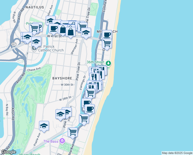 map of restaurants, bars, coffee shops, grocery stores, and more near in Miami Beach