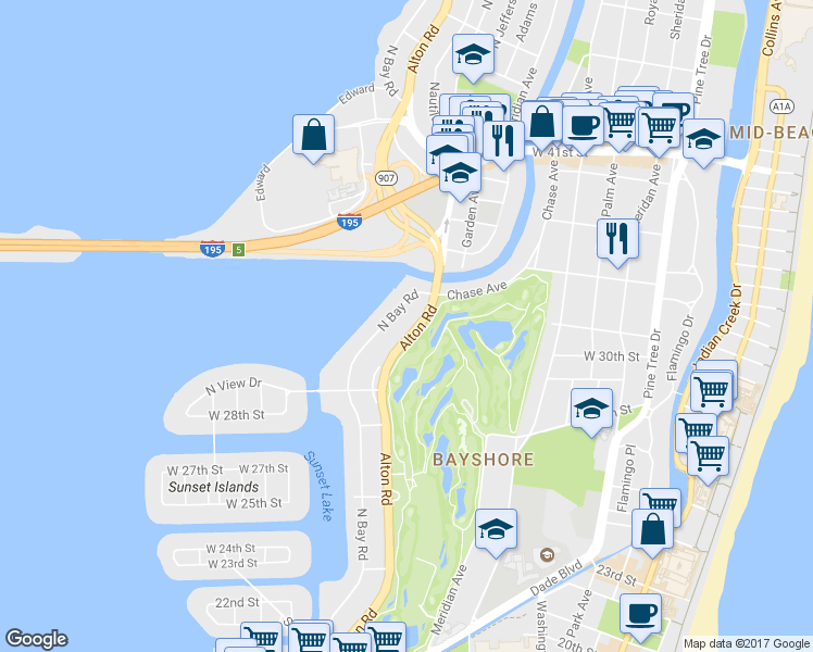 map of restaurants, bars, coffee shops, grocery stores, and more near 3040 Alton Road in Miami Beach