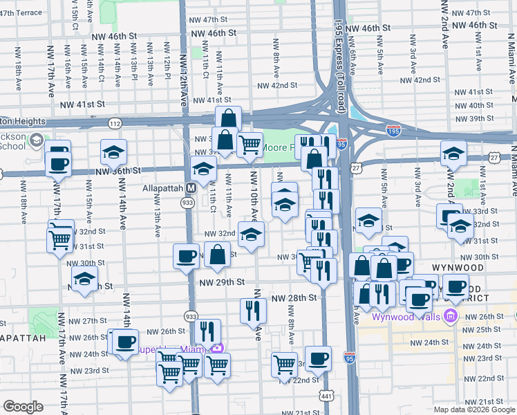 map of restaurants, bars, coffee shops, grocery stores, and more near 3313 Northwest 9th Court in Miami