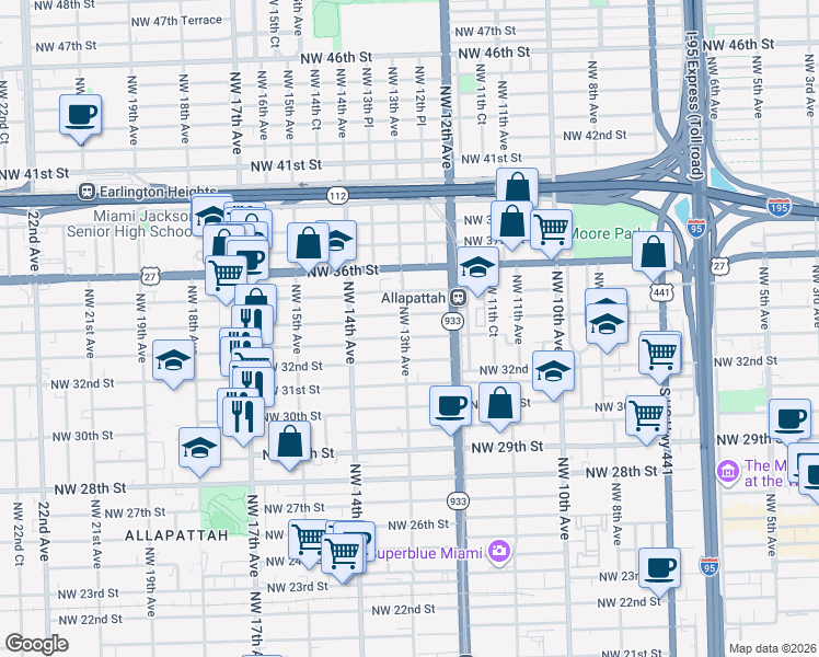 map of restaurants, bars, coffee shops, grocery stores, and more near 1271 Northwest 33rd Street in Miami