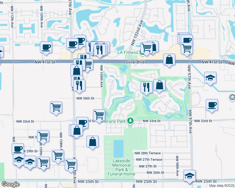 map of restaurants, bars, coffee shops, grocery stores, and more near 3693 Estepona Avenue in Doral
