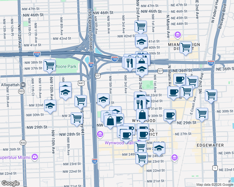 map of restaurants, bars, coffee shops, grocery stores, and more near 337 Northwest 33rd Street in Miami