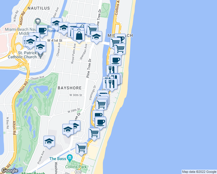 map of restaurants, bars, coffee shops, grocery stores, and more near in Miami Beach