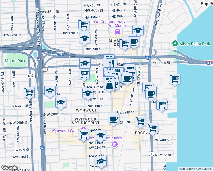map of restaurants, bars, coffee shops, grocery stores, and more near 31 Northwest 33rd Street in Miami