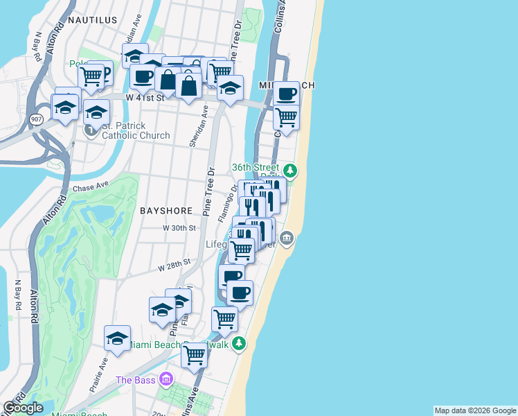 map of restaurants, bars, coffee shops, grocery stores, and more near 3200 Collins Avenue in Miami Beach
