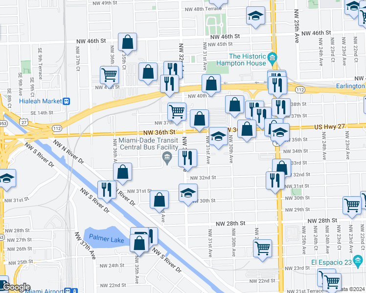 map of restaurants, bars, coffee shops, grocery stores, and more near 3490 Northwest 32nd Avenue in Miami