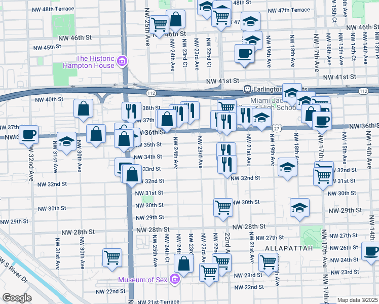 map of restaurants, bars, coffee shops, grocery stores, and more near 2341 Northwest 34th Street in Miami