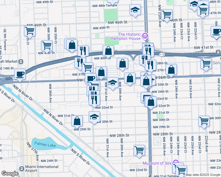 map of restaurants, bars, coffee shops, grocery stores, and more near 3050 Northwest 35th Street in Miami