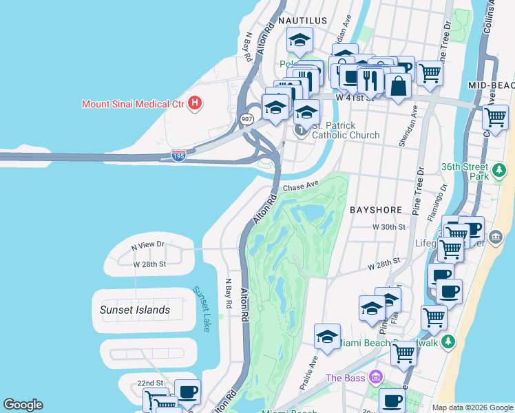 map of restaurants, bars, coffee shops, grocery stores, and more near 3040 Alton Road in Miami Beach