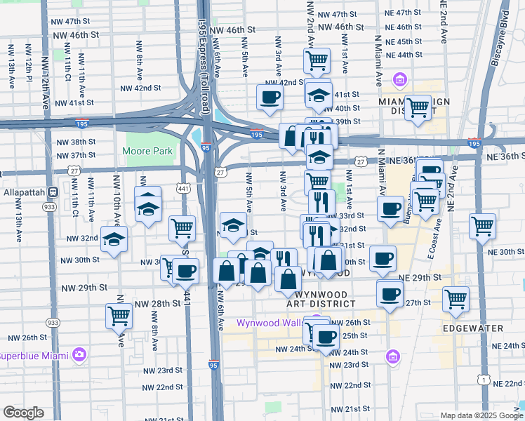 map of restaurants, bars, coffee shops, grocery stores, and more near 337 Northwest 33rd Street in Miami
