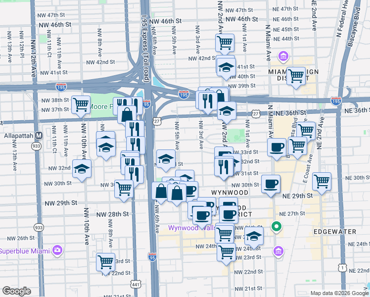 map of restaurants, bars, coffee shops, grocery stores, and more near in Miami