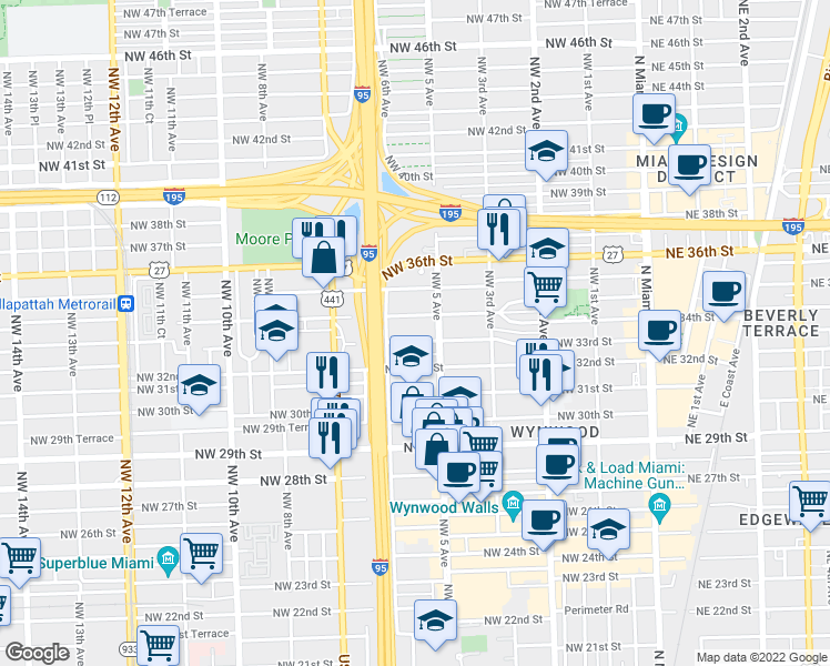 map of restaurants, bars, coffee shops, grocery stores, and more near 575 Northwest 33rd Street in Miami