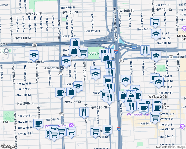 map of restaurants, bars, coffee shops, grocery stores, and more near 3300 Northwest 7th Place in Miami